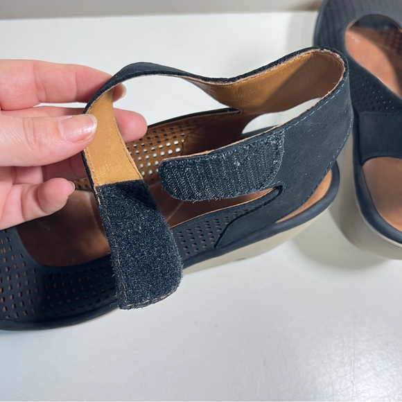 Clarks Reedly Salene Wedge Sandals Women's 9.5 Dark Navy Blue Leather Peep Toe - Picture 8 of 9